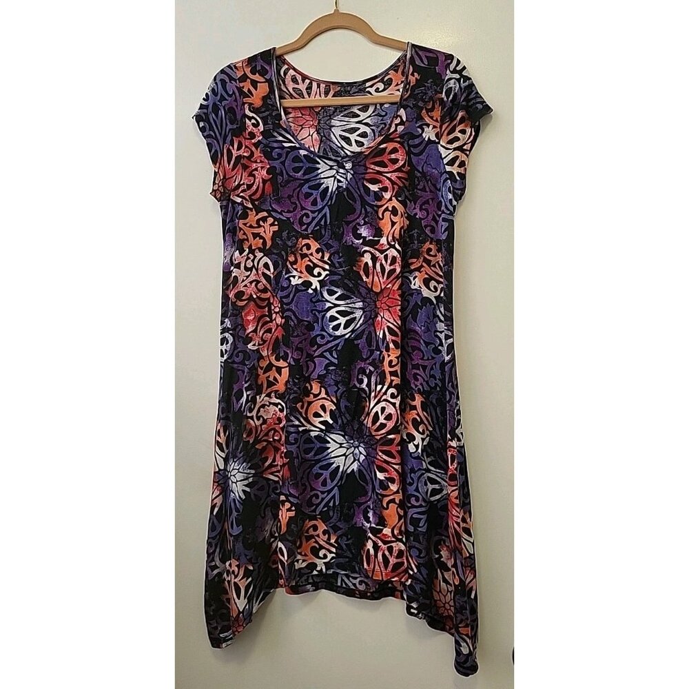 Lucky Brand Short Tee Shirt Dress Tie Dye Peace Signs Medium Multicolor Hippie